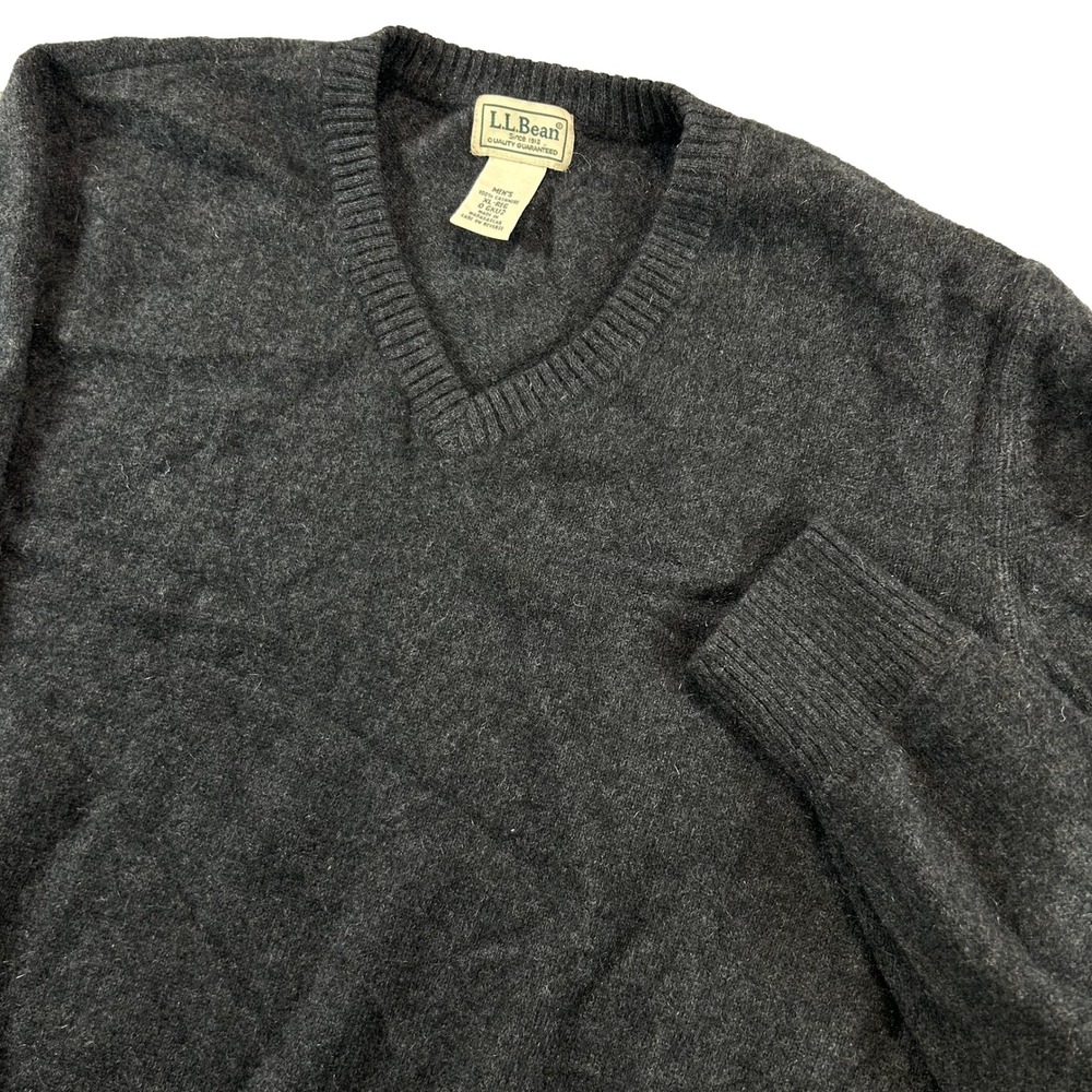 LL Bean V-Neck Sweater Mens XL Charcoal Gray 100% Cashmere Ribbed Trim Classic